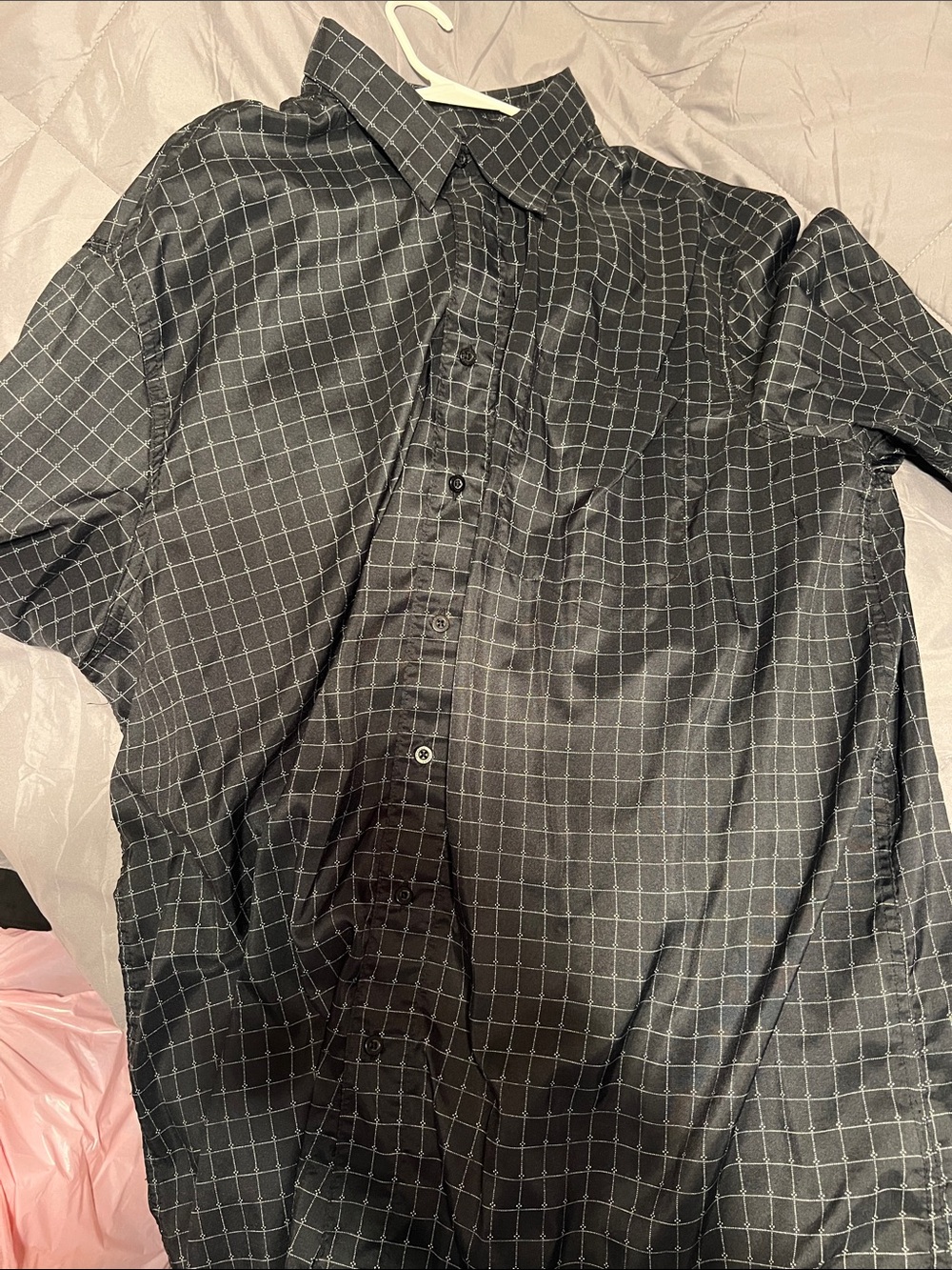 Haggar Black Button-Down Shirt with White Windowpane Grid